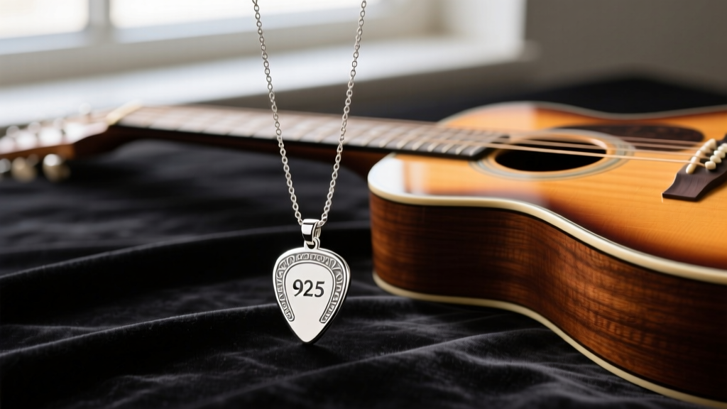 925 sterling silver guitar pick pendant with a 1.5mm cable chain, displayed on dark velvet next to a vintage acoustic guitar wood.
