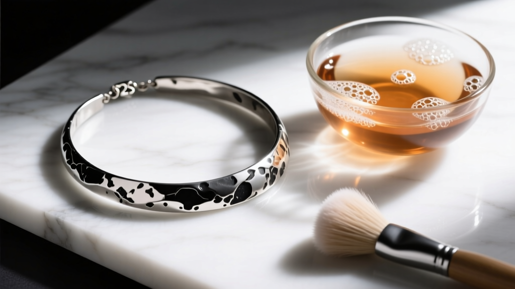 Tarnished 925 silver necklace with black oxidation, resting next to a glass bowl of warm soapy water and a soft microfiber brush.