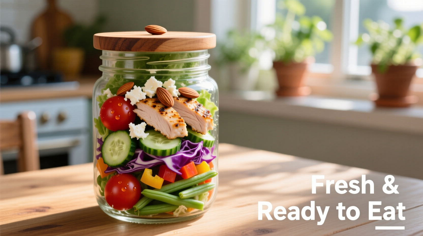 Colorful chicken salad in mason jar with fresh vegetables