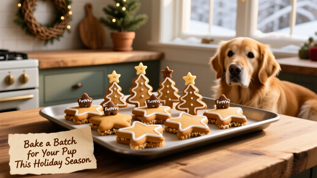 A festive tray of gingerbread icebox cookies topped with star- and tree-shaped FurPetVo dog treats