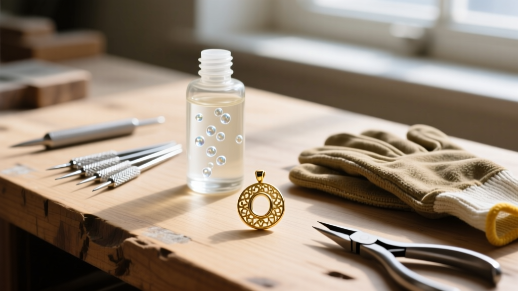 Flat lay of jewelry tools including UV resin, diamond needle files, gold bezel pendants, and safety gloves on a wooden workbench