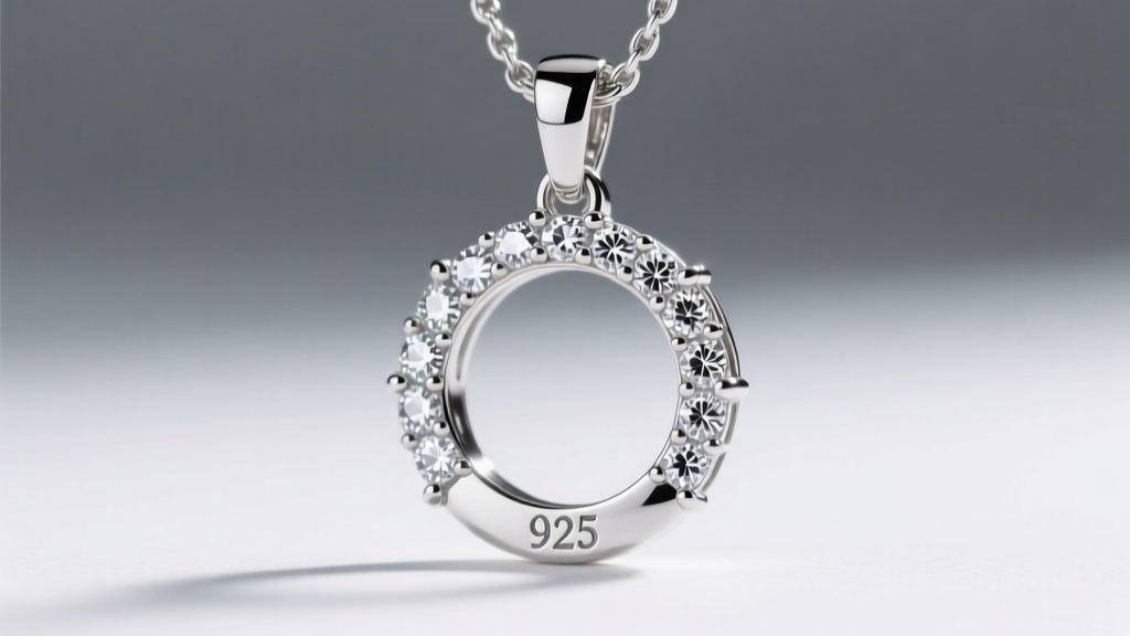 Close-up of a 925 silver TCB pendant with pave zirconia stones, revealing secure prong settings and a clear 925 metal hallmark.