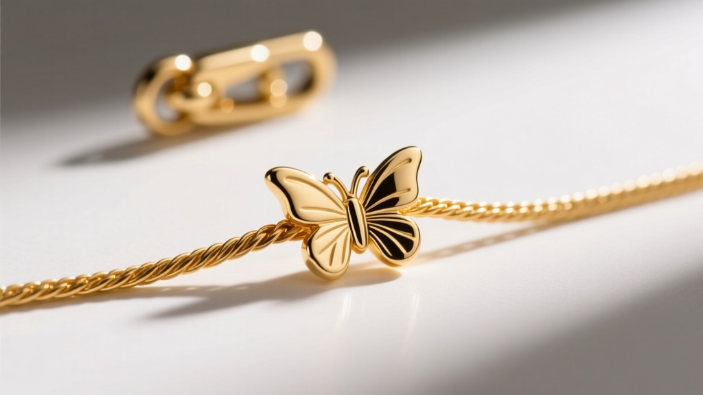 Macro view of a 0.9mm 14k gold cable chain passing through a butterfly bail, with a tiny lobster clasp visible in background.