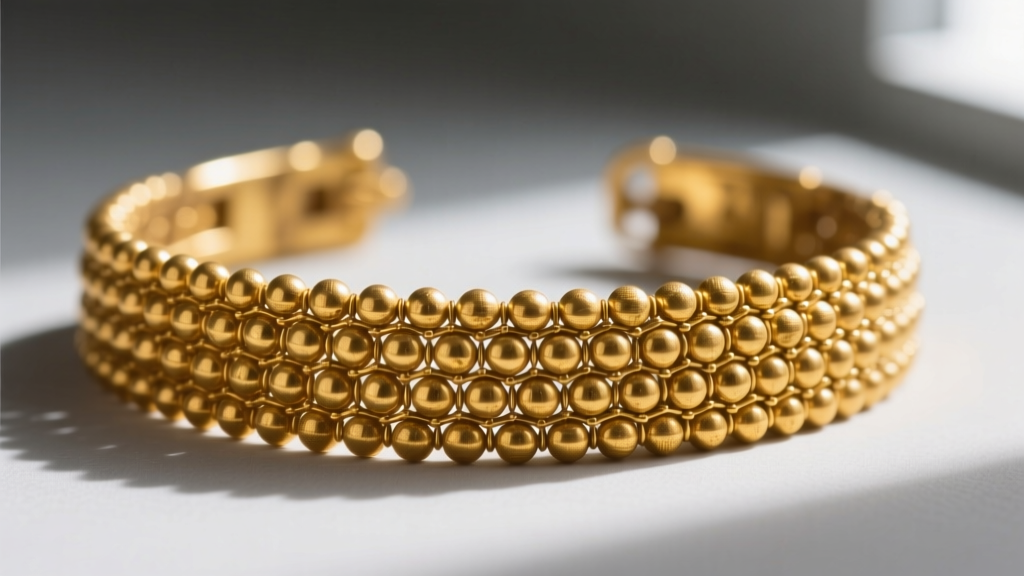 Macro view of ancient gold granulation showing microscopic solder joints between tiny spheres on a museum-grade Egyptian bracelet.