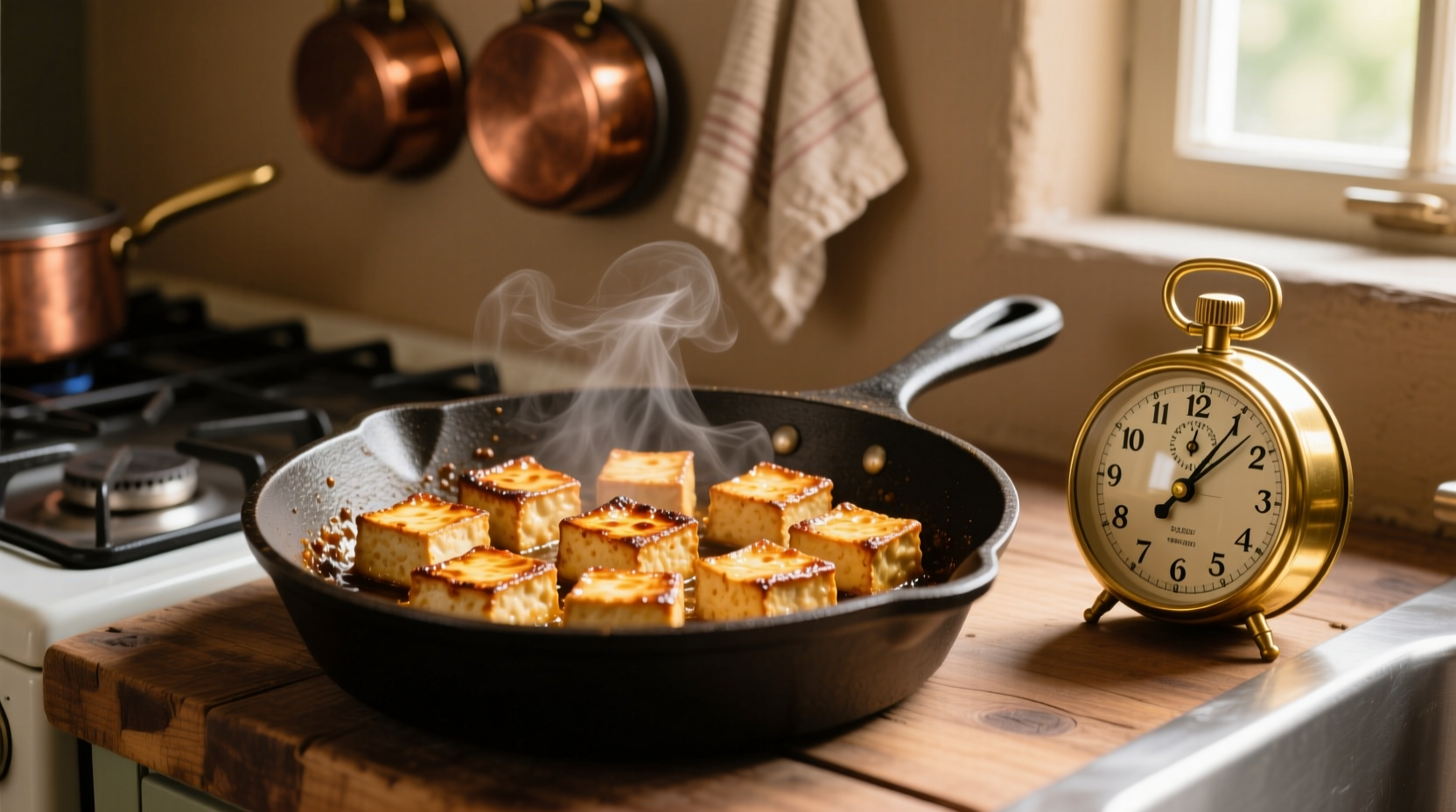 Golden brown tofu cubes in cast iron skillet with cooking timer