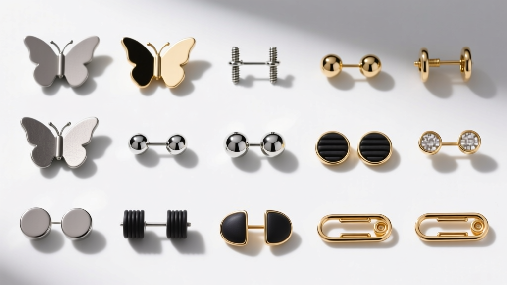 A neat grid displaying various earring backings including friction butterflies, screw-in balls, and secure latch-back clickers