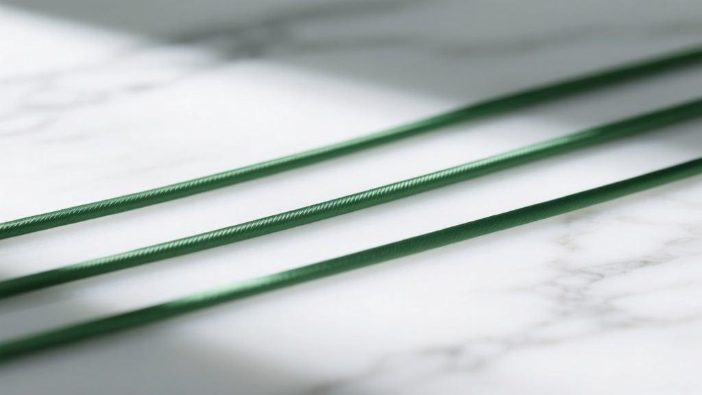 Three sage green silk necklace ropes laid parallel showing 1mm, 2mm, and 3mm thicknesses against a bright white marble surface