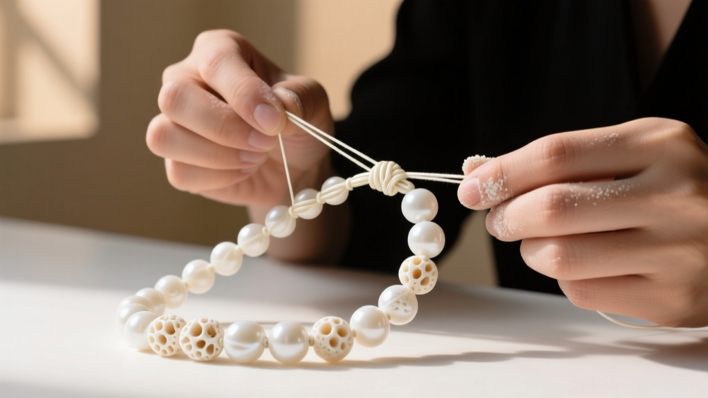 Jeweler restringing a white coral bead necklace using ivory silk thread and tight knots between each porous calcium carbonate bead