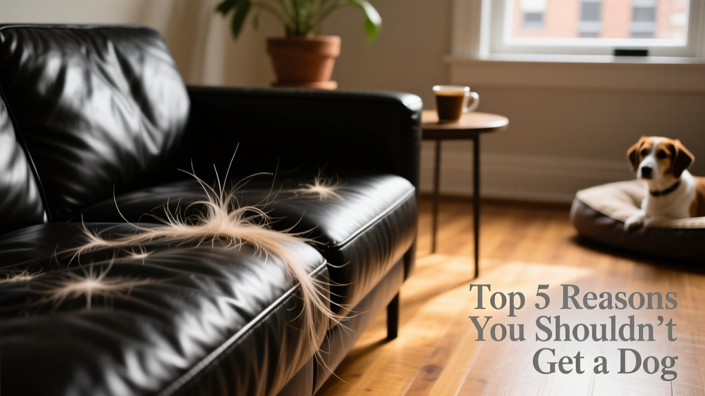 Close-up of dog hair clinging to a black leather sofa and scattered across a hardwood floor