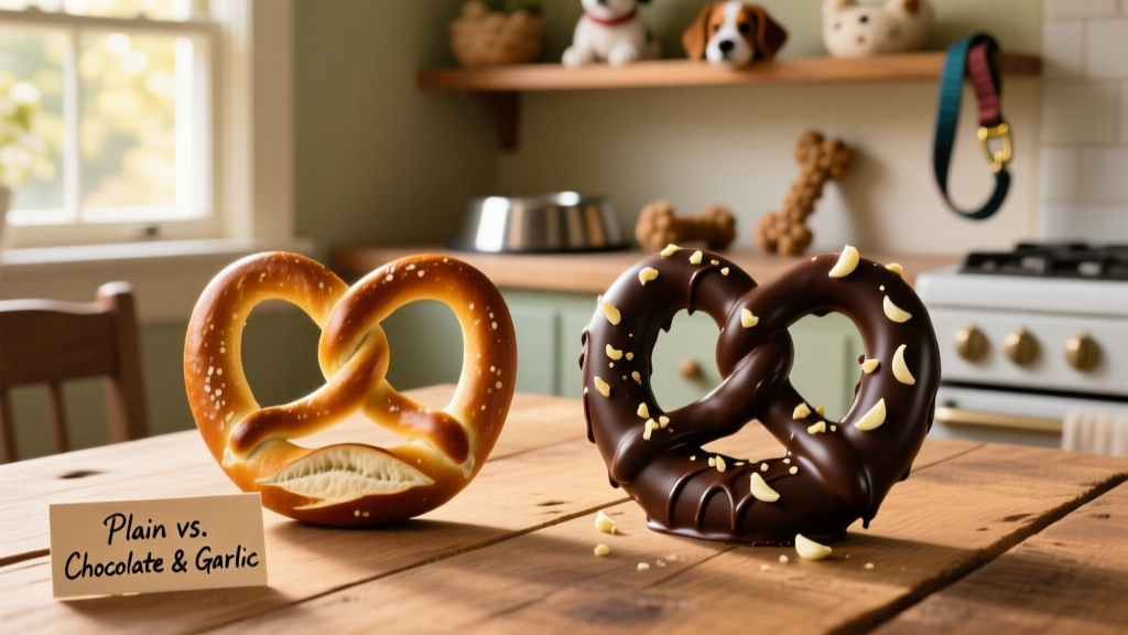 Side-by-side comparison: plain unsalted pretzel vs. a pretzel with chocolate coating and garlic seasoning