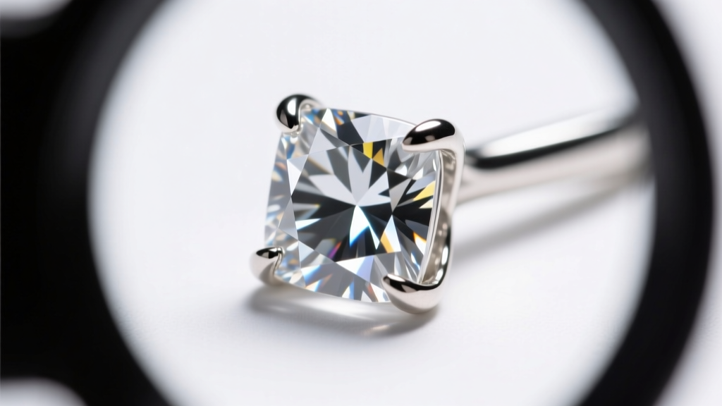 Loupe view of a cubic zirconia stone in a sterling silver prong setting, showing crisp facet junctions and secure metal prongs