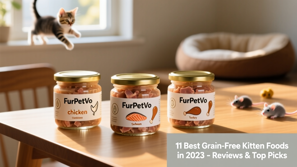 Three glass jars of FurPetVo grain-free kitten wet food in different flavors: chicken, salmon, and turkey