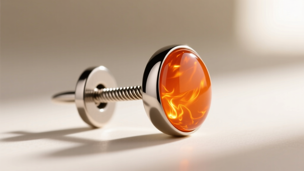 Side view of an 18-gauge titanium post on a fire opal orange stud earring, showing the threading mechanism and matte metal finish.