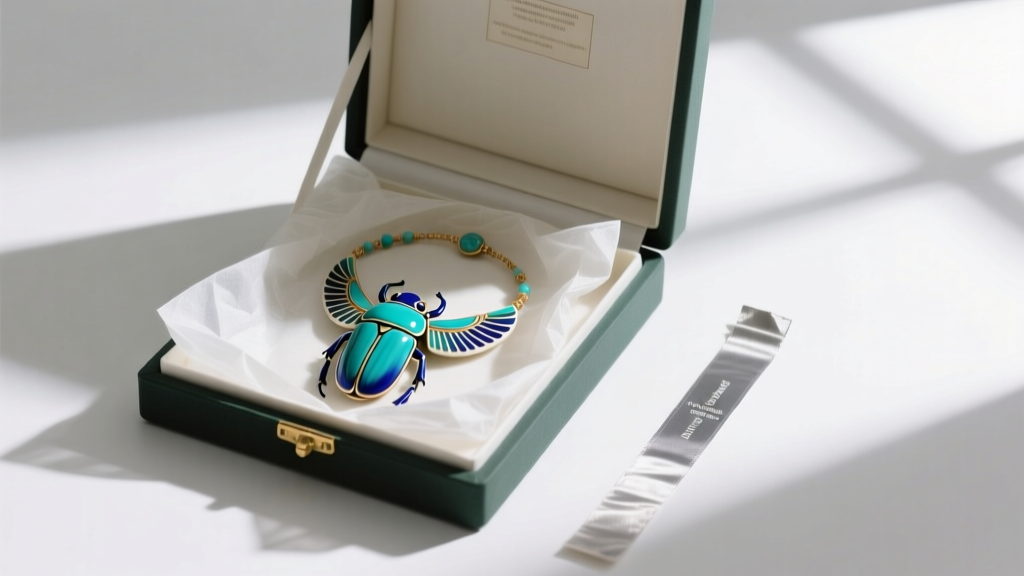 Open archival box with a faience scarab necklace wrapped in acid-free tissue paper, with an anti-tarnish strip placed nearby.