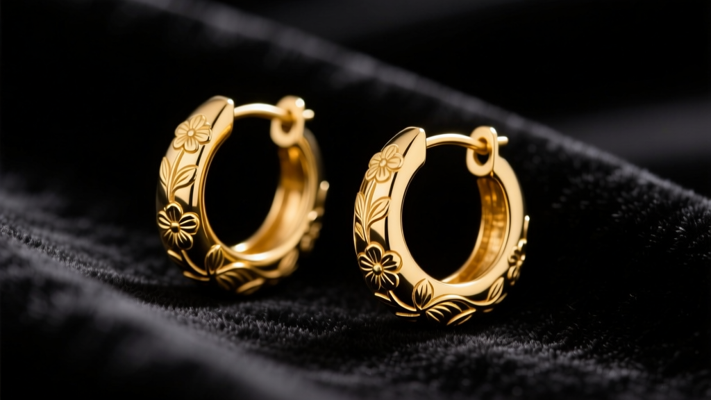 Macro shot of vintage 1970s 14k yellow gold hoop earrings with etched floral patterns on dark velvet in soft light