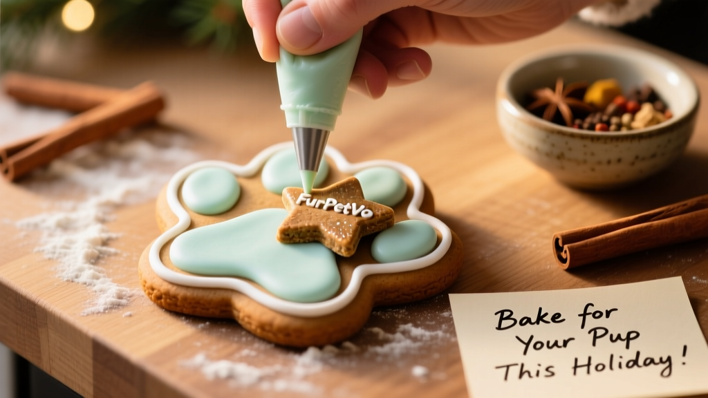 Close-up of a hand piping dog-safe icing onto a gingerbread icebox cookie topped with a star-shaped FurPetVo treat