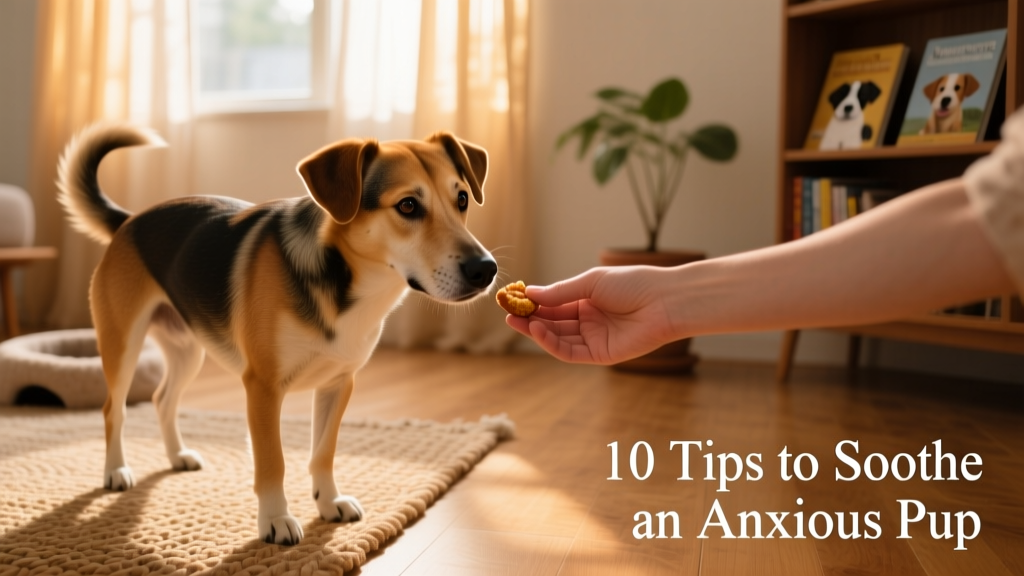 A calm, gentle hand offering a treat to a hesitant but curious dog in a quiet, softly lit room