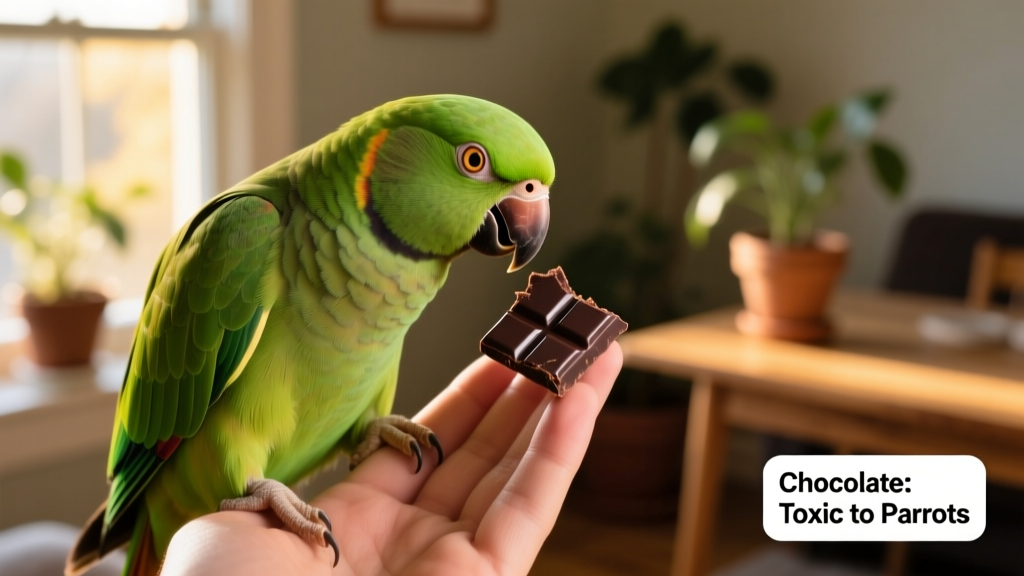 Close-up of a parrot perched near a human hand holding a small piece of chocolate—highlighting why this food is dangerous