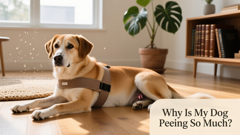 Dog wearing a reusable belly band while relaxing indoors