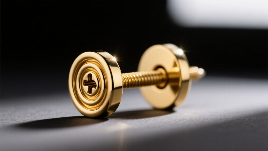 Macro shot of a gold earring post with a screw-back clasp, showing fine threading detail against a soft blurred dark background.