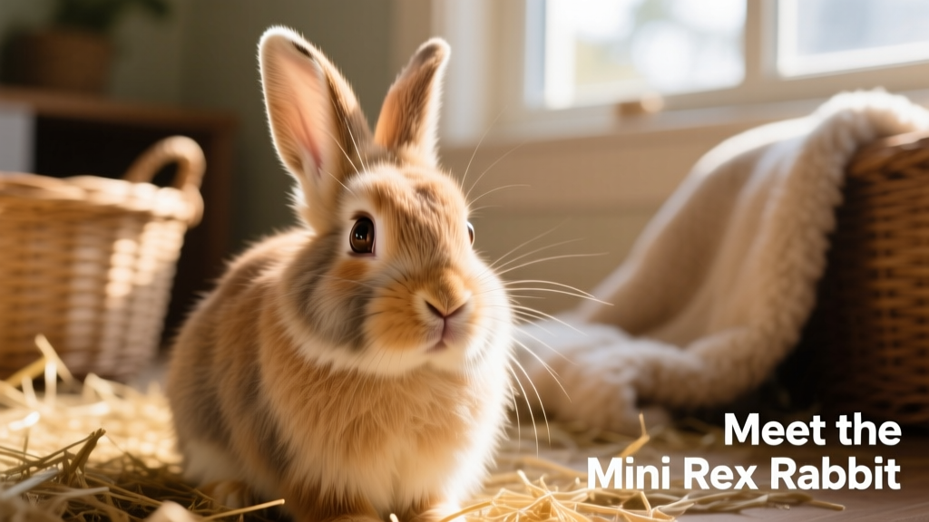 A close-up of a Mini Rex rabbit with plush, velvety fur and gentle eyes