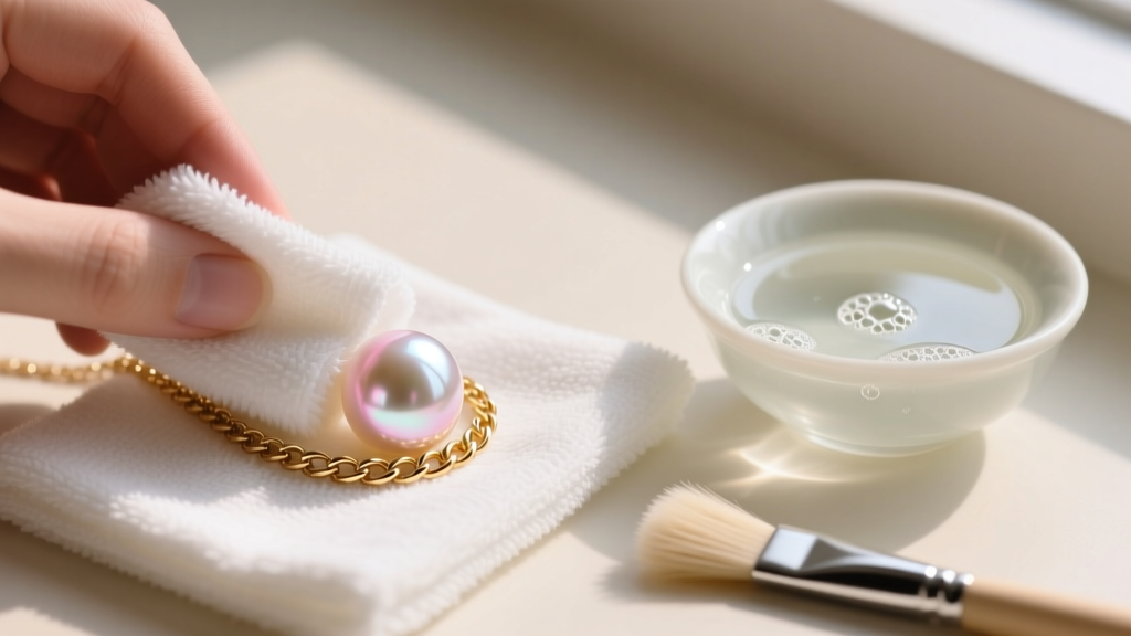Soft microfiber cloth gently wiping a freshwater pearl on a gold chain, beside a small bowl of mild soapy water and a soft brush