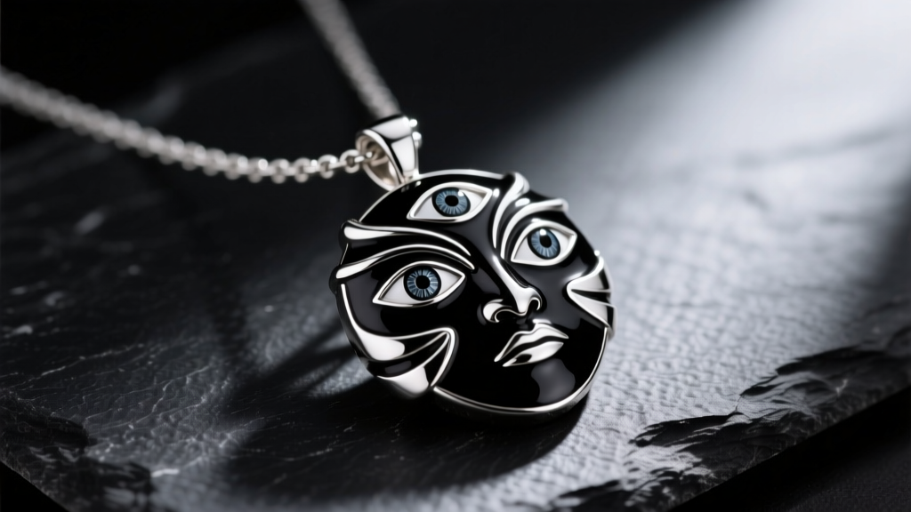 Close-up of a black enamel and sterling silver Sukuna necklace pendant featuring his four-eyed face motif resting on dark slate.