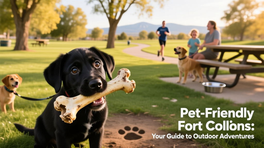 a black puppy chewing on a bone in a dog-friendly park in Fort Collins
