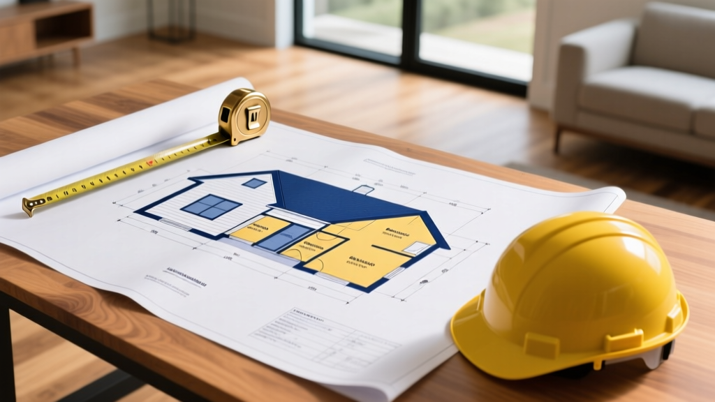 Architectural blueprints for a three-bedroom ranch house on a wooden drafting table with a tape measure and yellow hard hat.