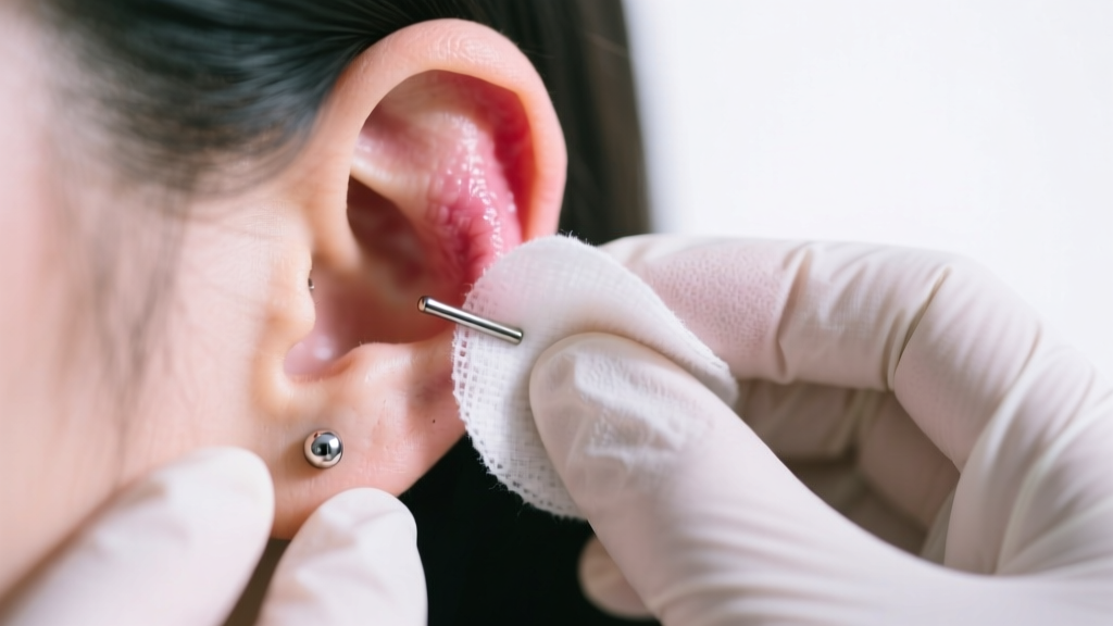 Sterile gloved hands holding saline gauze to clean a swollen earlobe around an embedded titanium flat back labret earring post.