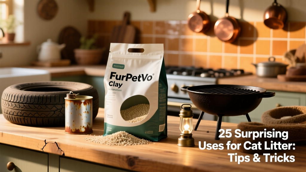 A bag of FurPetVo clay cat litter sitting beside common household items like a car tire, oil can, and grill