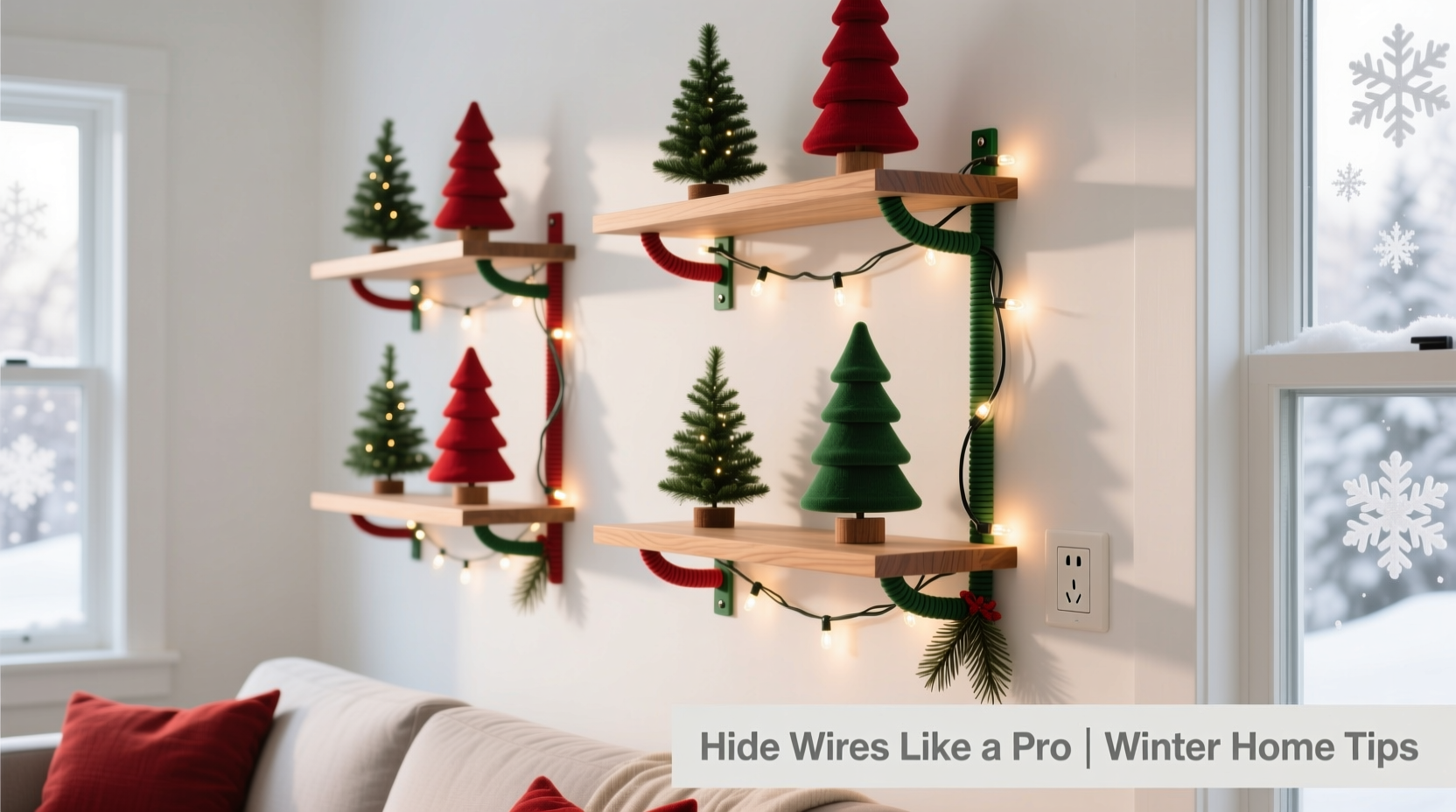 how to hide wires when using floating shelves for mini christmas trees