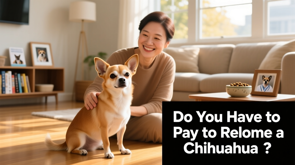 A calm, well-cared-for Chihuahua sitting beside a friendly adult in a sunlit living room
