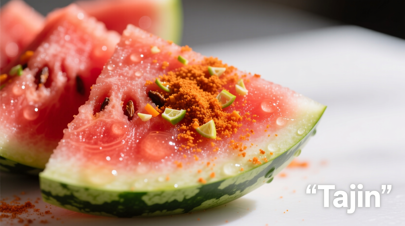 Tajin spice sprinkled on fresh watermelon slices