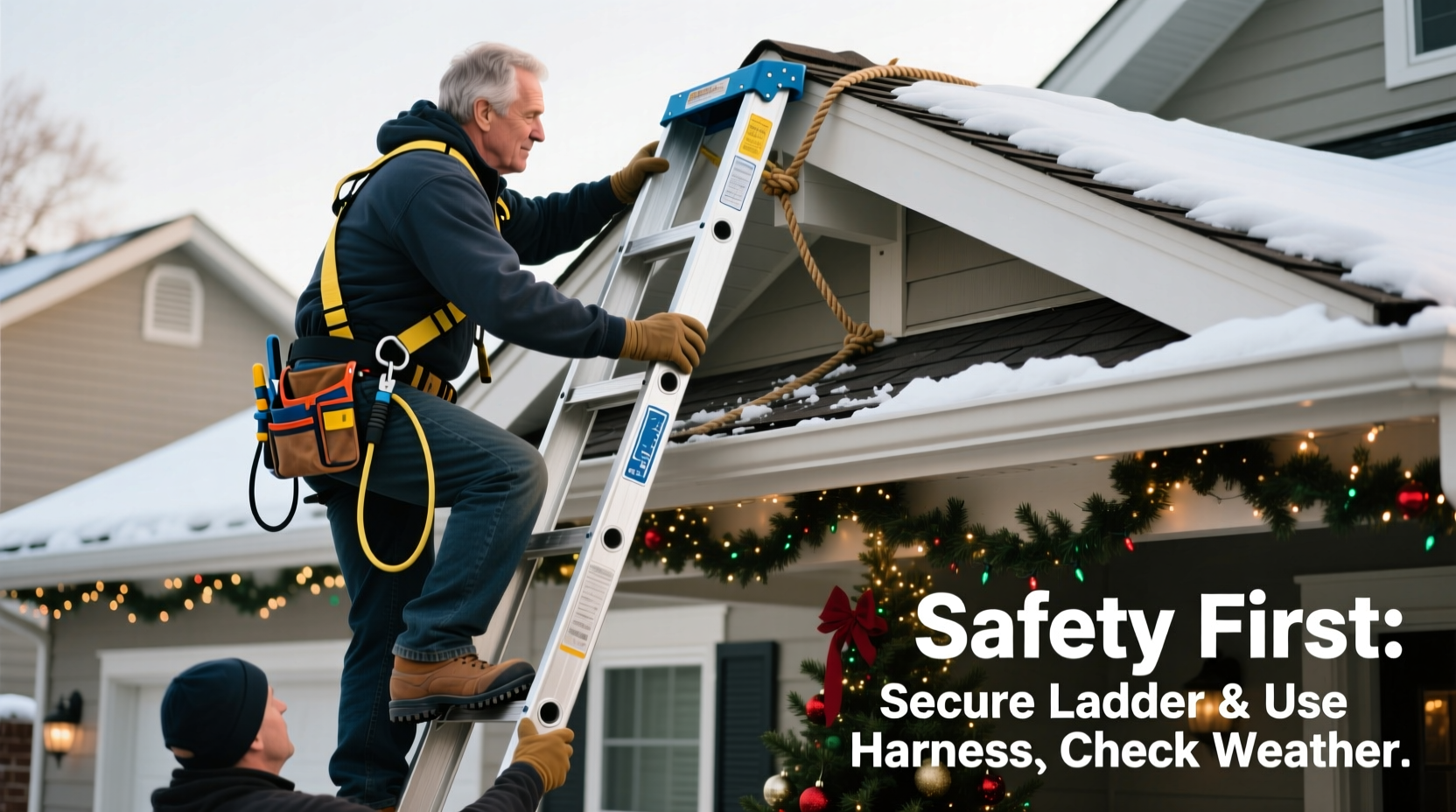 how to use a ladder safely when installing rooftop christmas displays