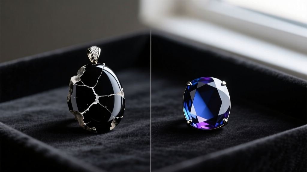 Comparison of a chipped black onyx pendant and a restored one, placed side-by-side on a dark velvet jeweler's inspection pad