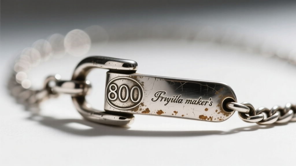 Macro photography of a vintage Italian silver necklace clasp showing the stamped 800 hallmark and a faded provincial maker mark.