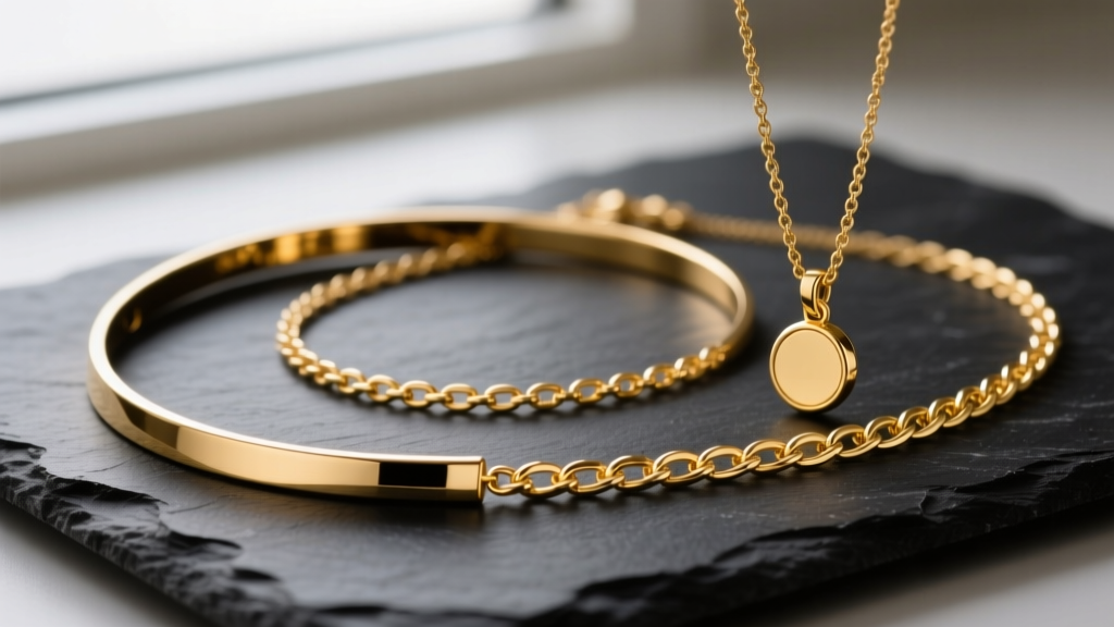 Flat lay of three layered solid gold necklaces on dark slate, highlighting a 14-inch choker, 16-inch chain, and 18-inch pendant.