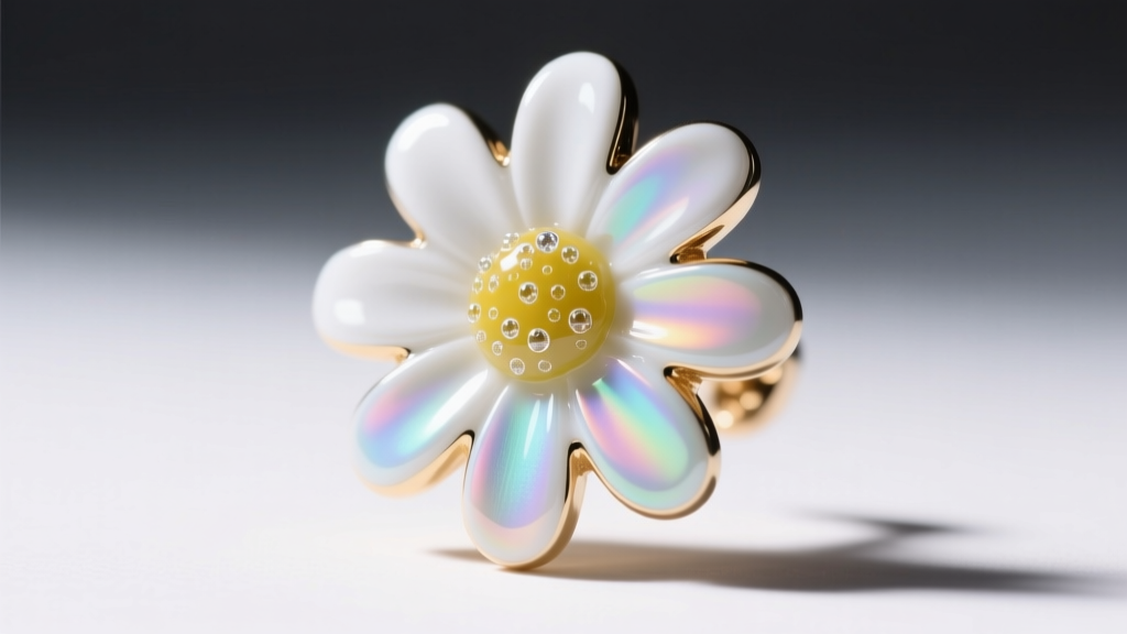 Macro shot of vitreous enamel and epoxy resin daisy earring petals under bright studio light, showing texture differences.