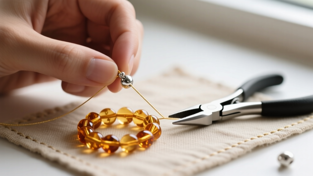 Hands threading 0.3mm nylon cord through amber chips, with a silver clamshell bead tip and jewelry pliers resting on a craft mat.