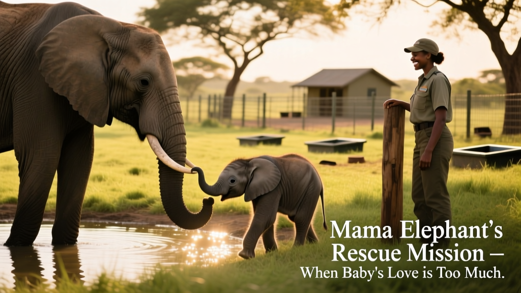 Mama elephant Motif gently nudging her calf Monty-Aaron away from the water pool while the caretaker watches nearby
