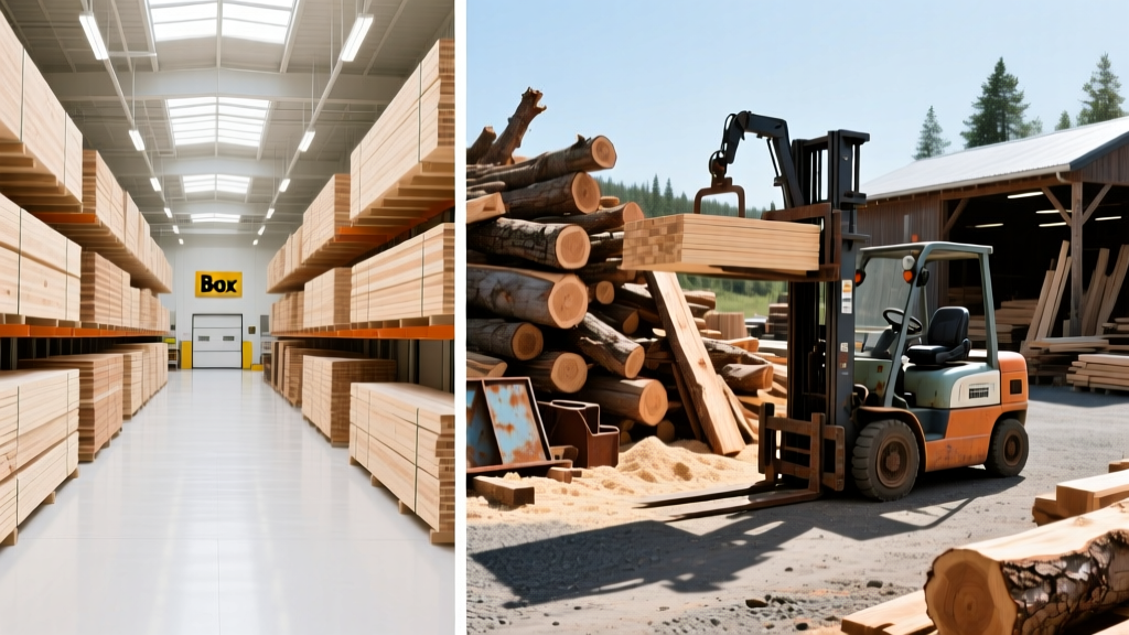 Split view of a national big box lumber aisle next to an outdoor regional pro lumberyard with stacked framing materials and a forklift