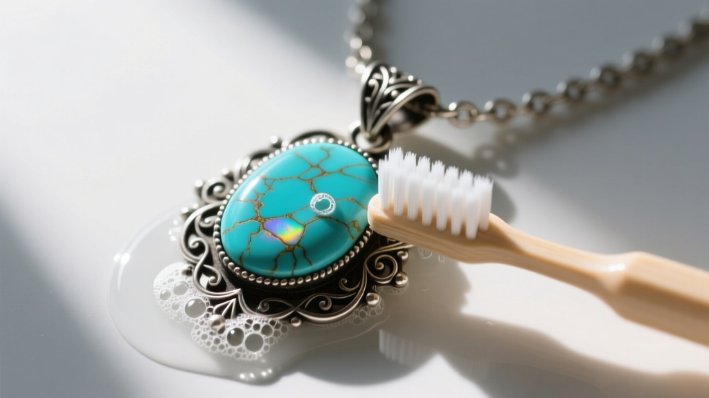 Antique Edwardian lariat necklace with a turquoise pendant being gently cleaned using a soft baby toothbrush and mild soapy water.