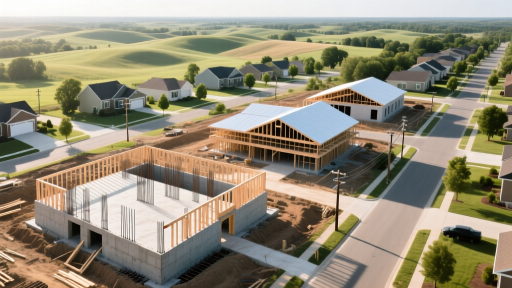 Aerial view of diverse residential construction sites across a sprawling American suburb with framing, roofing, and foundation stages visible