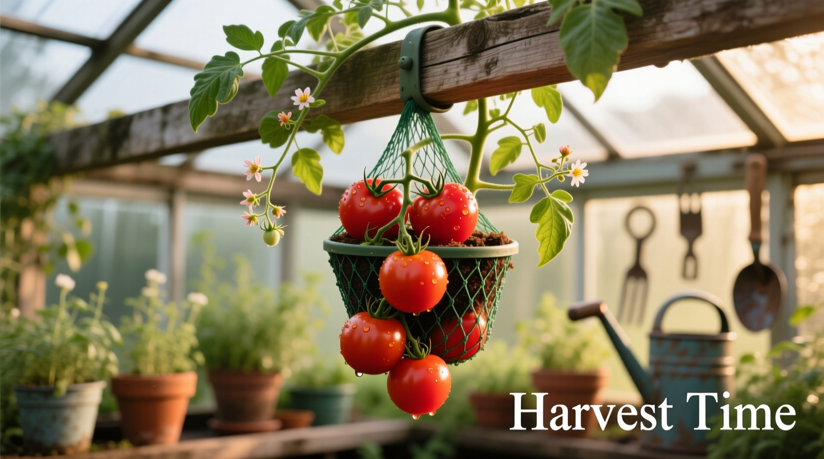 Upside-down tomato planter with ripe tomatoes