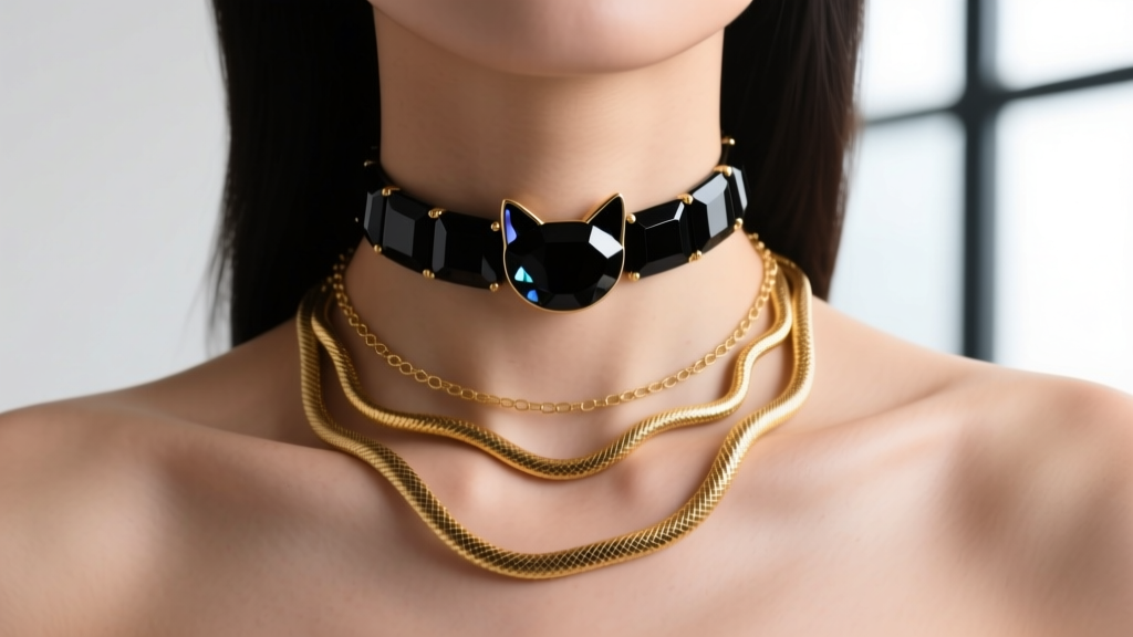 Woman wearing layered necklaces with a 16-inch black onyx cat choker and 18-inch gold snake chain, elegant collarbone close-up shot.