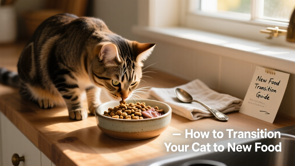 A calm cat sniffing a bowl of mixed dry and wet food