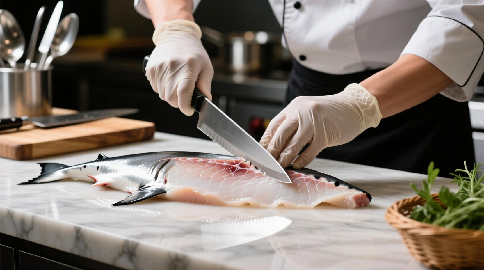 Fresh shark fillets being prepared by chef