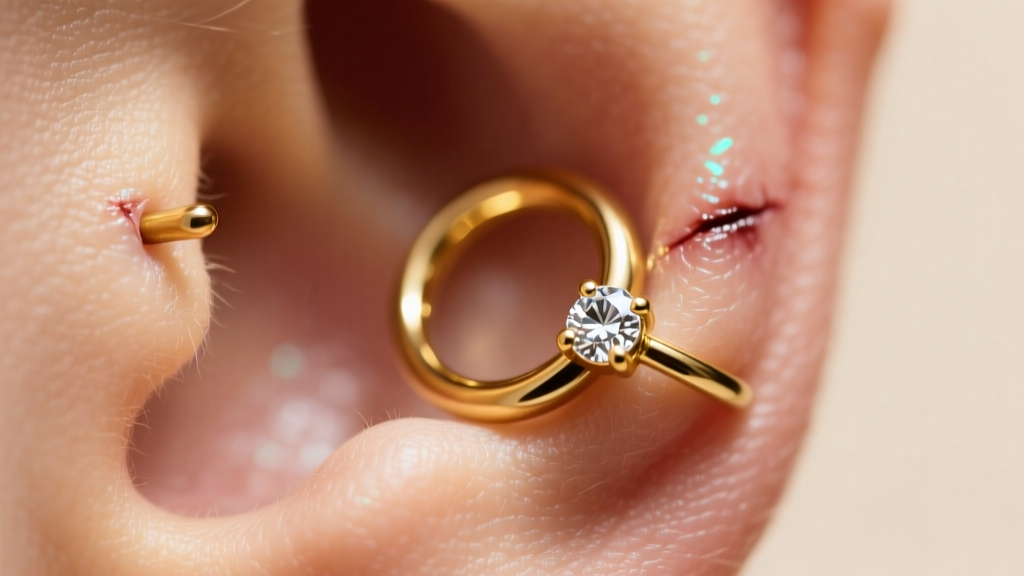 Macro photography of a healed helix piercing wearing a 16-gauge solid 14k gold clicker hoop with a subtle diamond pavé accent.