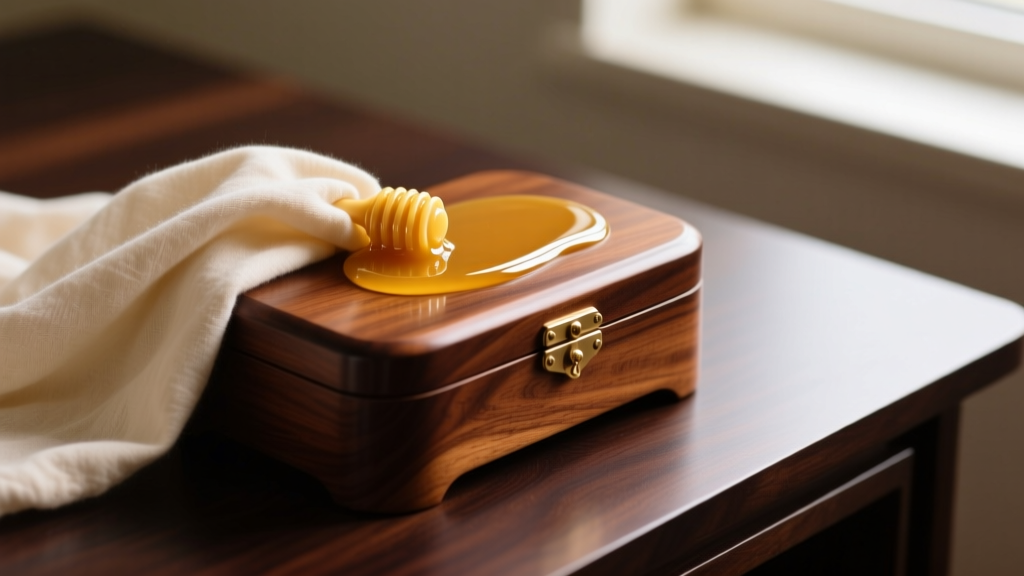 Soft cloth applying beeswax to the mahogany exterior of a wooden jewelry box for women resting on a dark wood desk surface